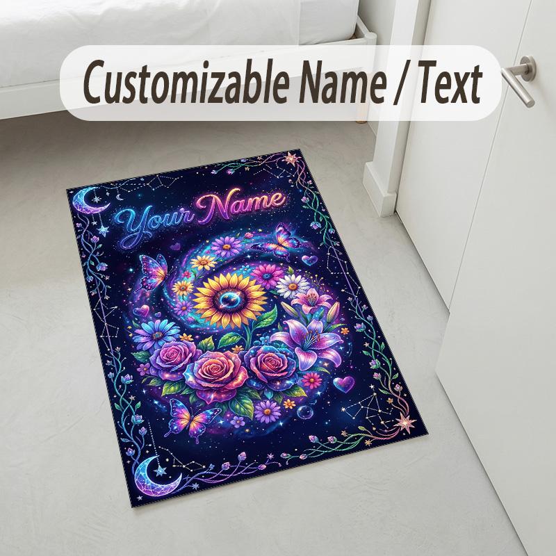 Floral Garden Theme Crystal Velvet Rug Personalized Custom Name Text Soft Floor Mat Home Decor