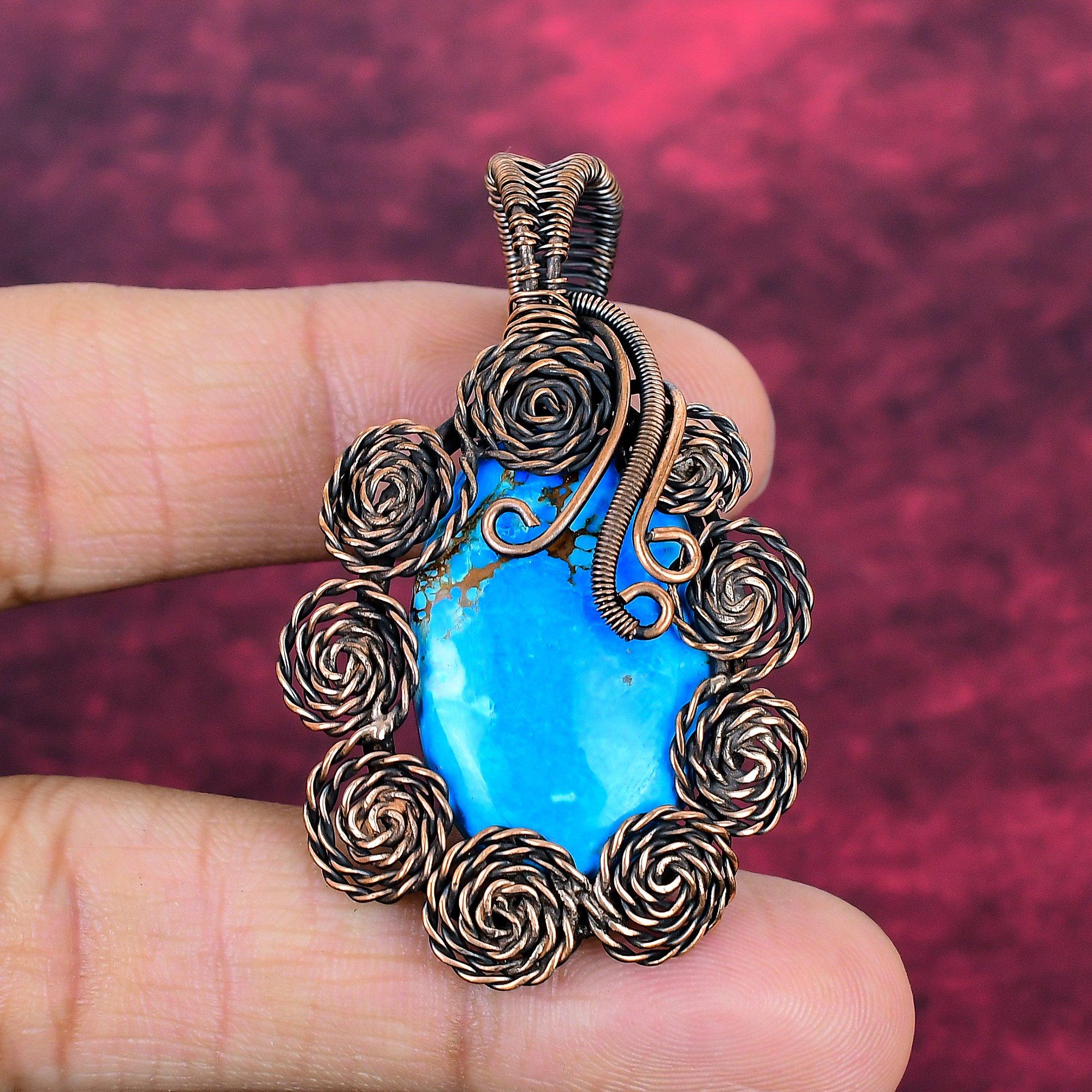 Tibetan Turquoise Gemstone Pendant Flower Pendant Copper Wire Wrapped Jewelry
