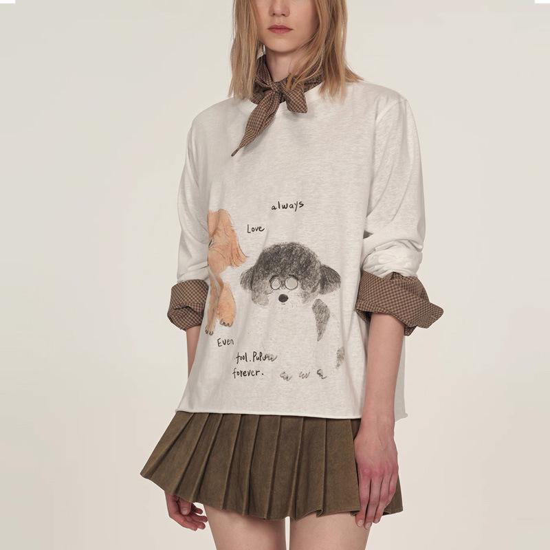 ID25 Early Autumn Puppy Print Rolled Edge Long Sleeve Loose Pullover