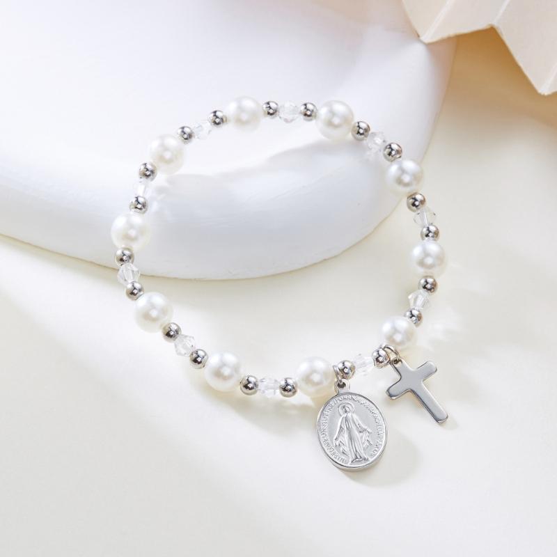 Elegant Imitation Pearls And Crucifix Bracelet Chain With Retro Design For Versatile Occasion Use Commute Casual Party