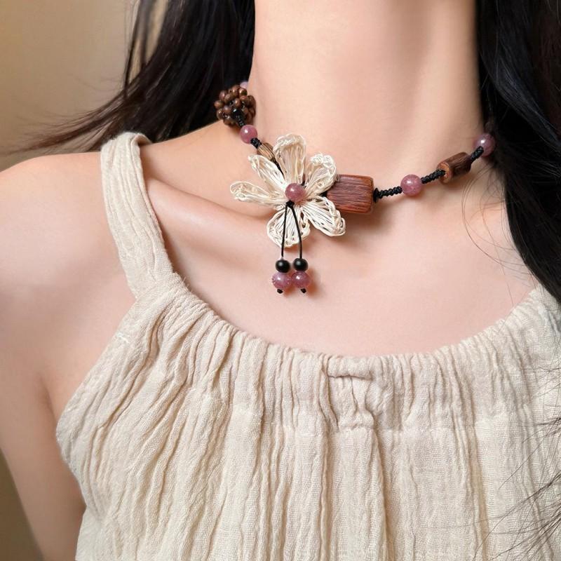 Handmade Wooden Flower Beaded Necklace Women Boho Chic Long Pendant Chain New Chinese Style Floral Statement Jewelry