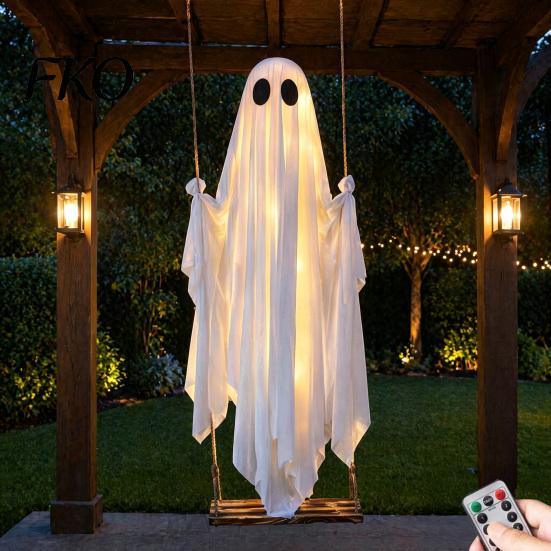 Holiday Garden Decor Hanging Swinging Ghost Halloween Decoration, LED Light Up Large Spooky Funny Yard Art with Remote Control for Outside Porch Tree,
