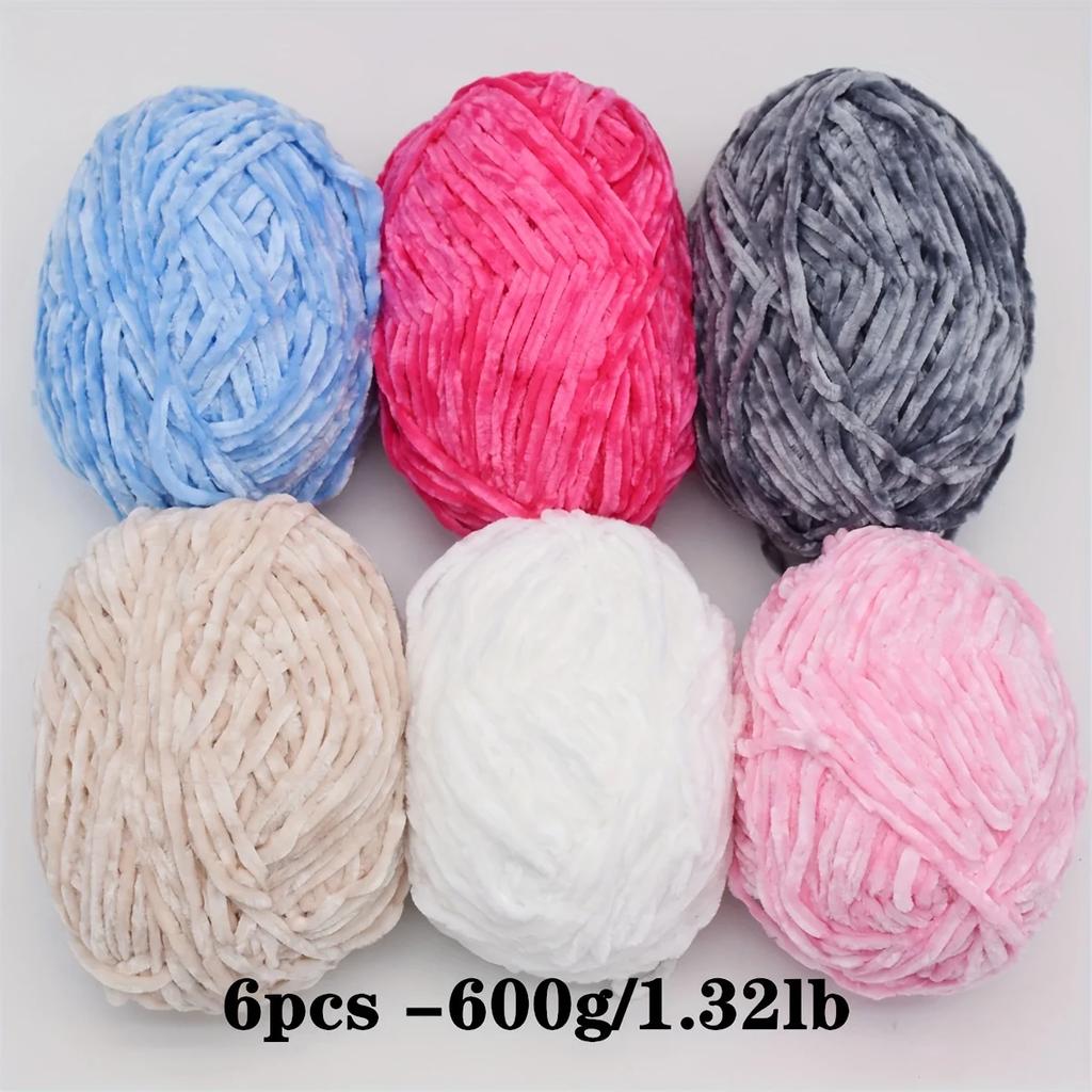 6-Pack Soft Chenille Velvet Yarn, 100g Each, 100% Polyester, Assorted Colors, for Crocheting Sweaters, Coats and DIY Crafts