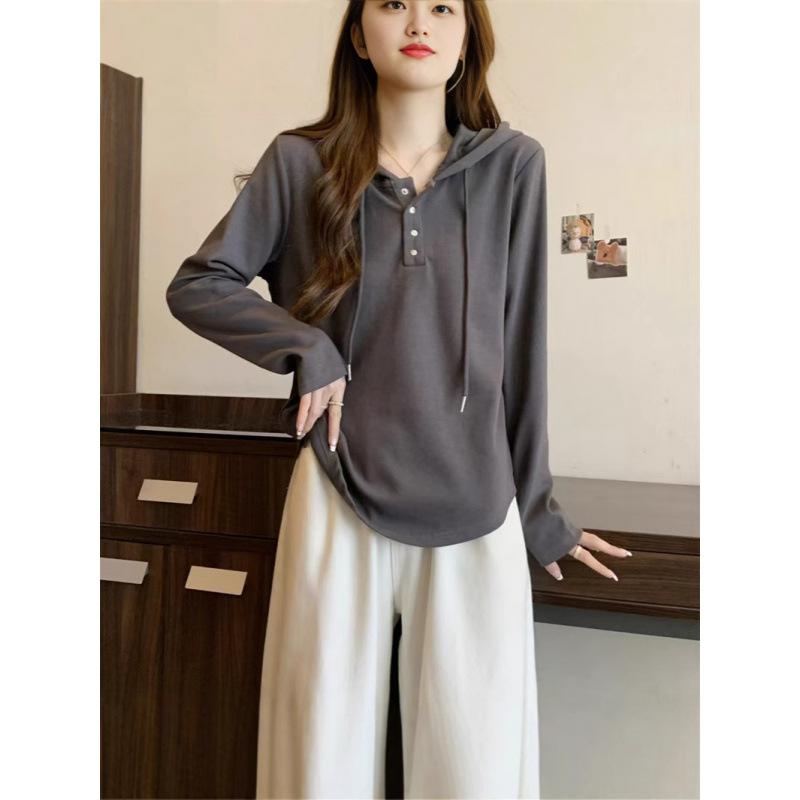 A Full-shoulder Hooded Sweatshirt for Women in Spring and Autumn, with An Irregular Design That Covers The Belly and Makes One Look Slimmer