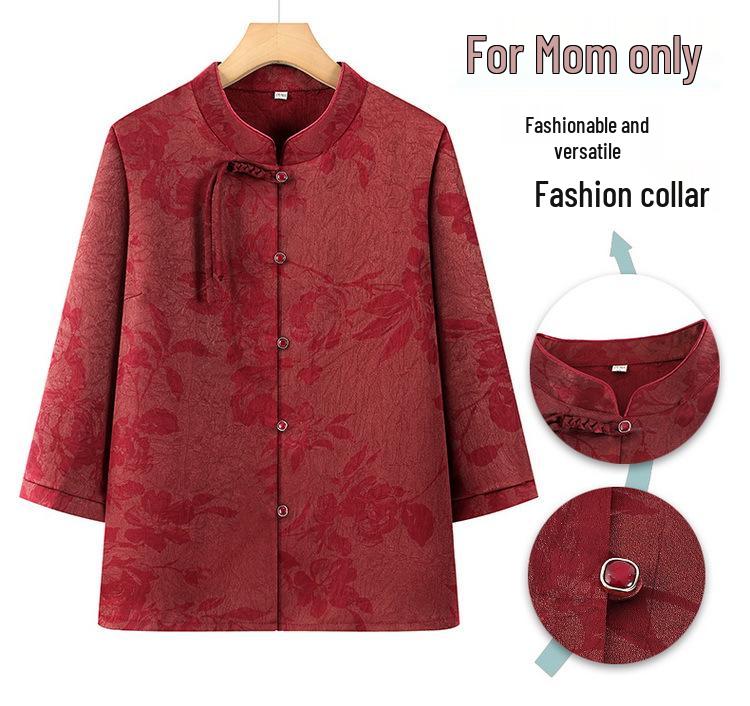 Chinese Style Tang Suit Top - Summer Three-Quarter Sleeve Shirt for Middle-Aged and Elderly Women