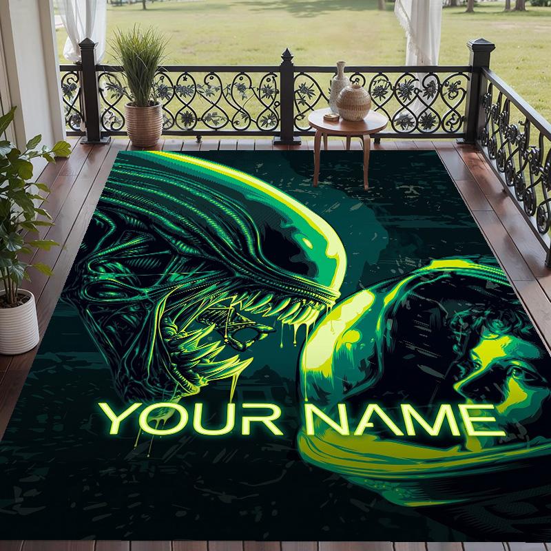 Custom Text Alien Xenomorph Pattern Floor Rug Soft Indoor Carpet Mat Living Room Bedroom