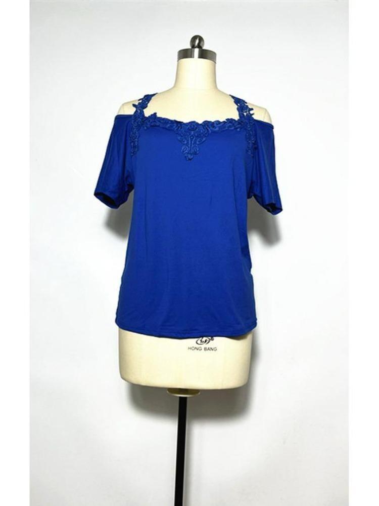 American Style European Women's Casual Loose V Neck Short Sleeve T Shirt with Lace Splice