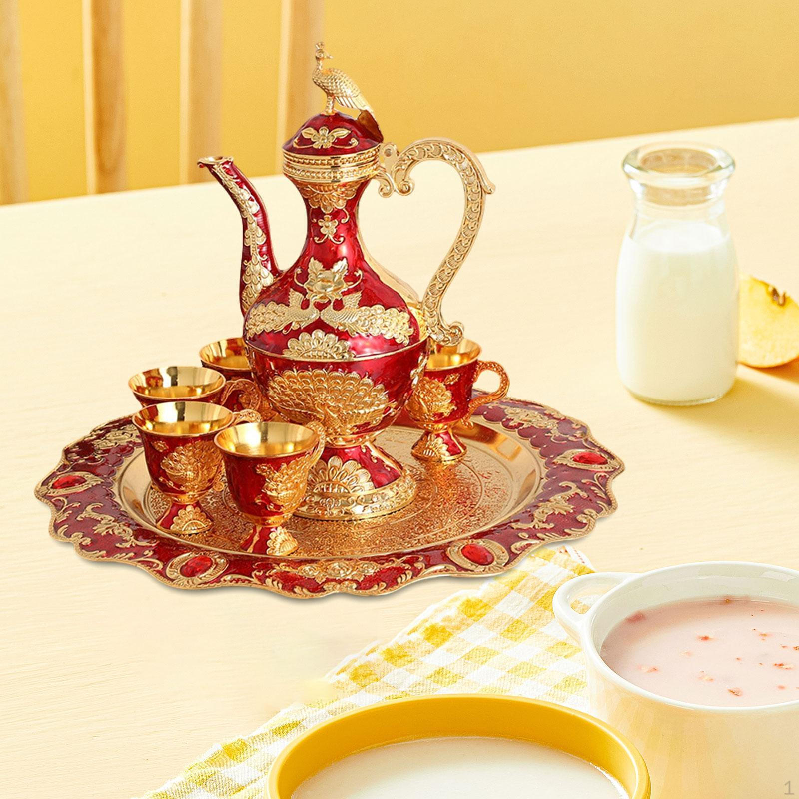 

Coffee Pot Set European Serving China with Cups Ornament for Wedding Holiday Party Gold Red