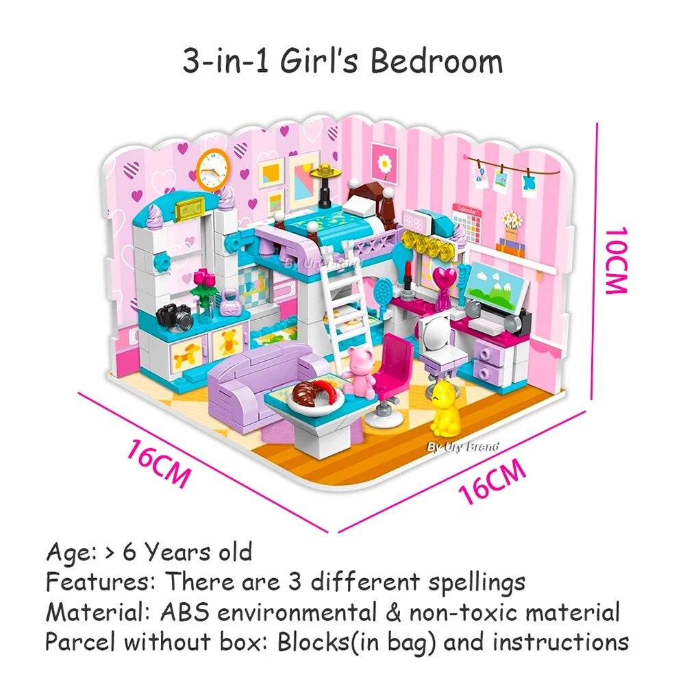 3v1 Girls Friends Morden Princess Dětské hřiště Designér Set Ložnice Castle House Ložnice DIY Stavebnice Hračky pro děti Vánoční dárky