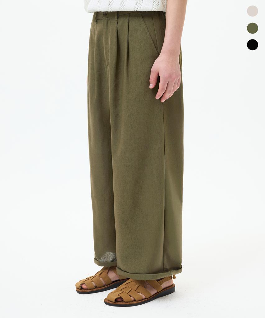 TRILLION [2Pack] Double-Pleat Tapered Linen Wide Elastic Waist Pants_3Color