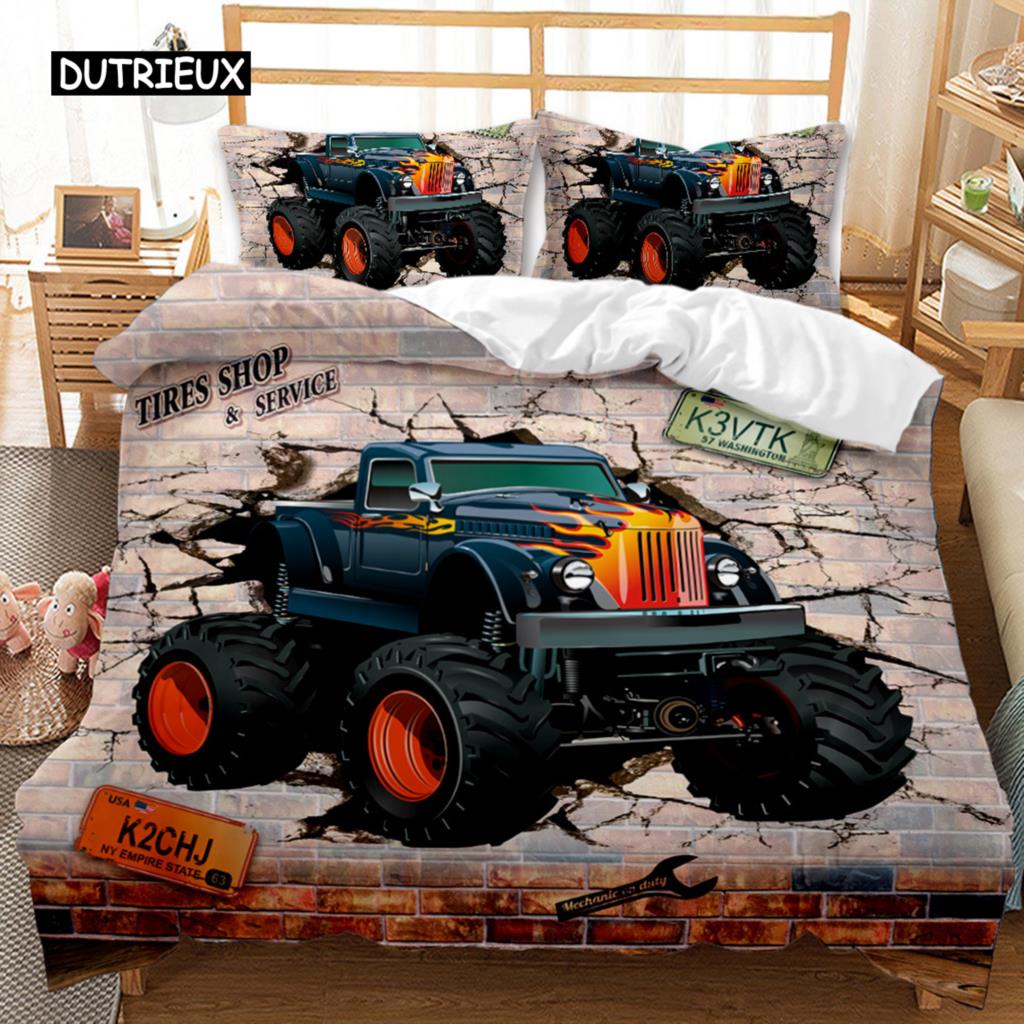 Truck Duvet Cover Set Automobile Blue Monster Pickup Truck Off Road Vehicle Bedding Set for Boys King Size Polyester Quilt Cover