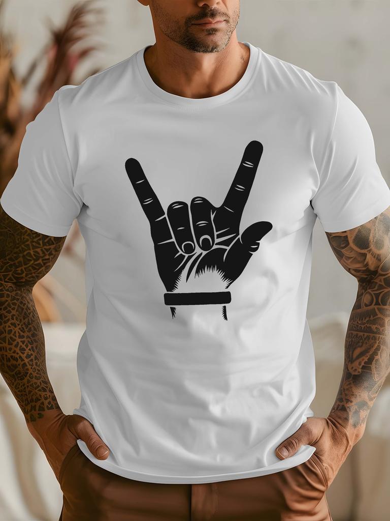 Rock Hand Gesture Print Unisexs T Shirt Heavy Metal Rock Music Fan Short Sleeve Crew Neck Cotton Tee Concert Casual Daily Top
