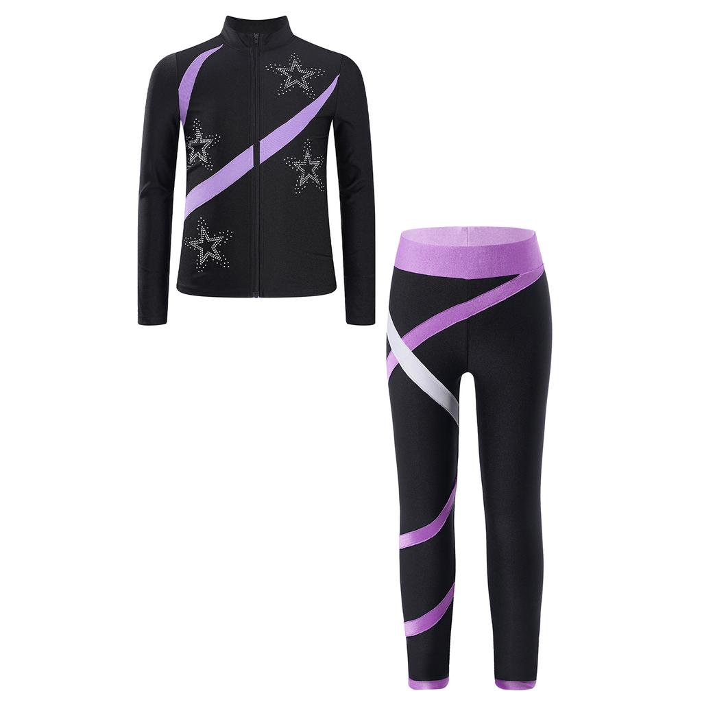 Girls Sports Set Shiny Rhinestone Star Contrast Color Long Sleeve Stand Collar Zipper Sweatshirt Colorblock Leggings