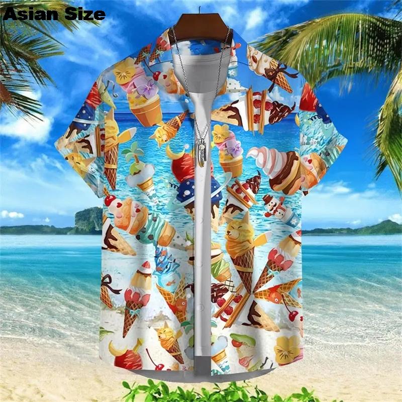 Hawaiian Shirt For Men Summer Cold Ice Cream Short Sleeve Shirt Tops Casual Popsicle Blouses Icecream Female Button Clothes