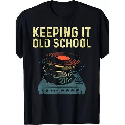 Europäische Größen Herren Vintage Musik Schallplatte Plattenspieler Grafik T-Shirt - "Keeping It Old School" Retro Vinyl Design, Weich Atmungsaktiv