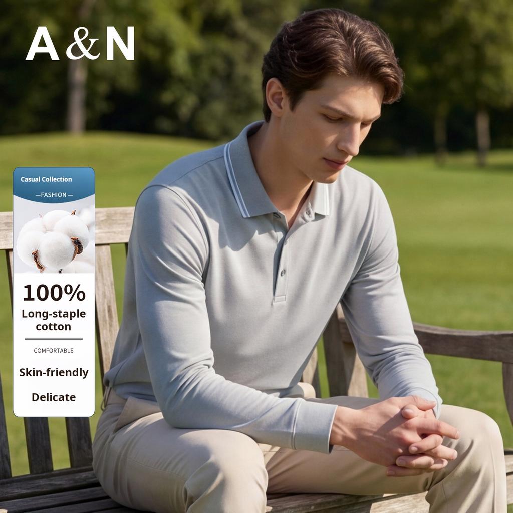 100% Long Staple Cotton Solid Color Polo Shirt Men's Long Sleeved Spring and Autumn New Versatile Pure Cotton Breathable T-shirt