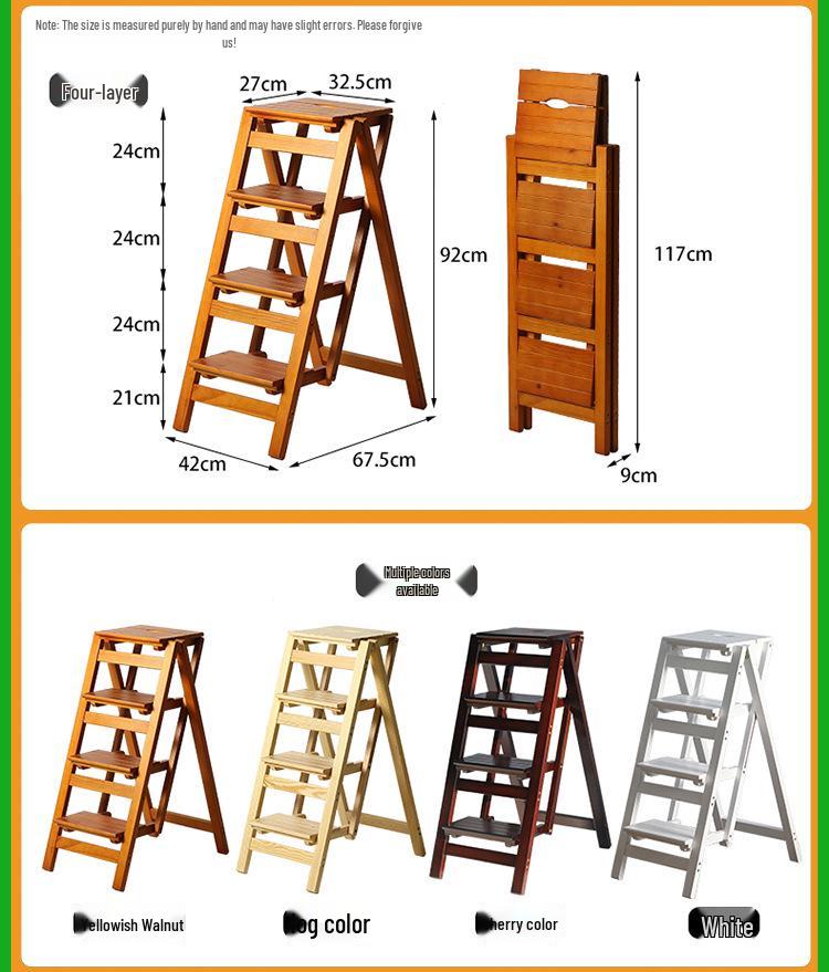 Solid Wood Foldable Ladder with Non-Slip Steps - Multi-Functional, Portable, Stackable, and Ideal for Household Climbing and Storage.