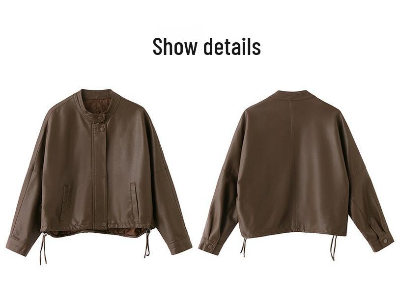 Women's Casual PU Leather Jacket with Stand Collar, Spring/Autumn 2025, Loose Fit, Small Size, XG9961