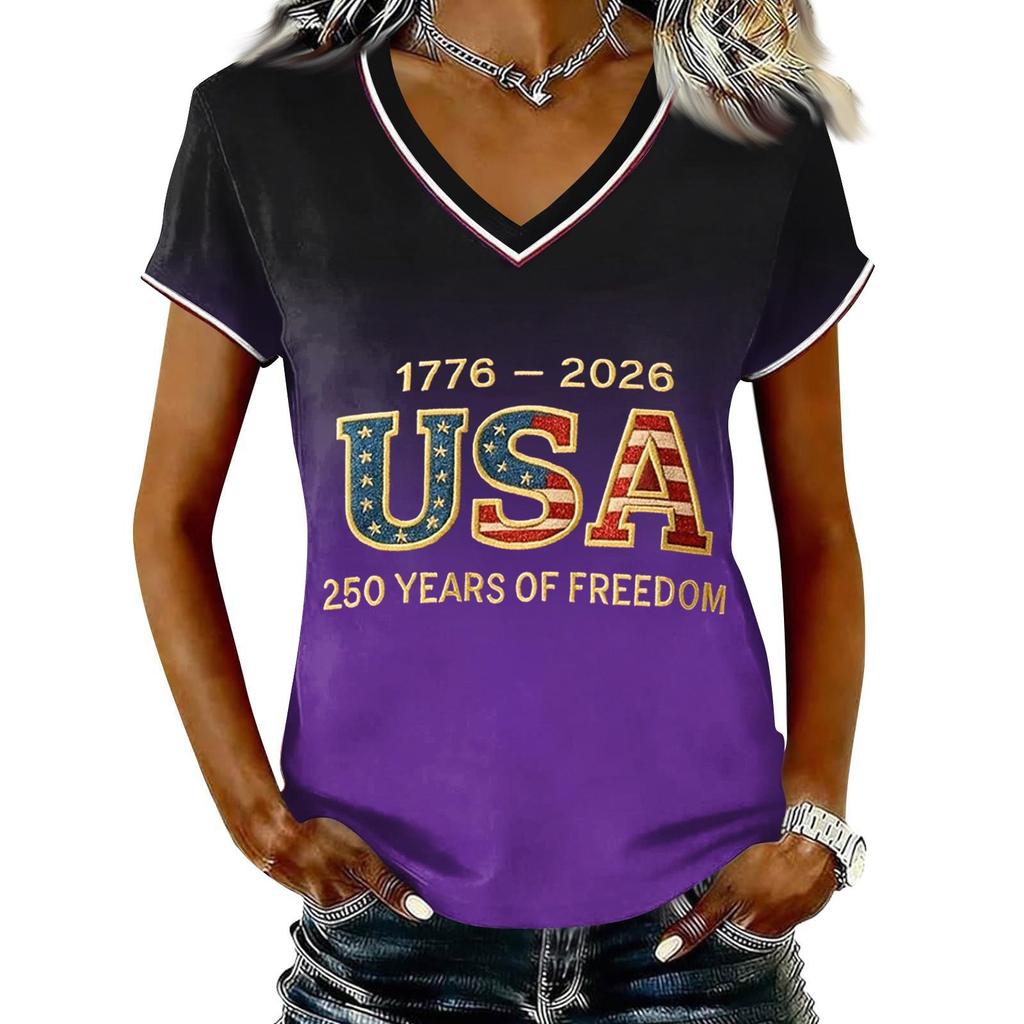 Women Casual V Neck Short Sleeve Pullover T Shirt Gradient Print USA Independence Day Graphic Top