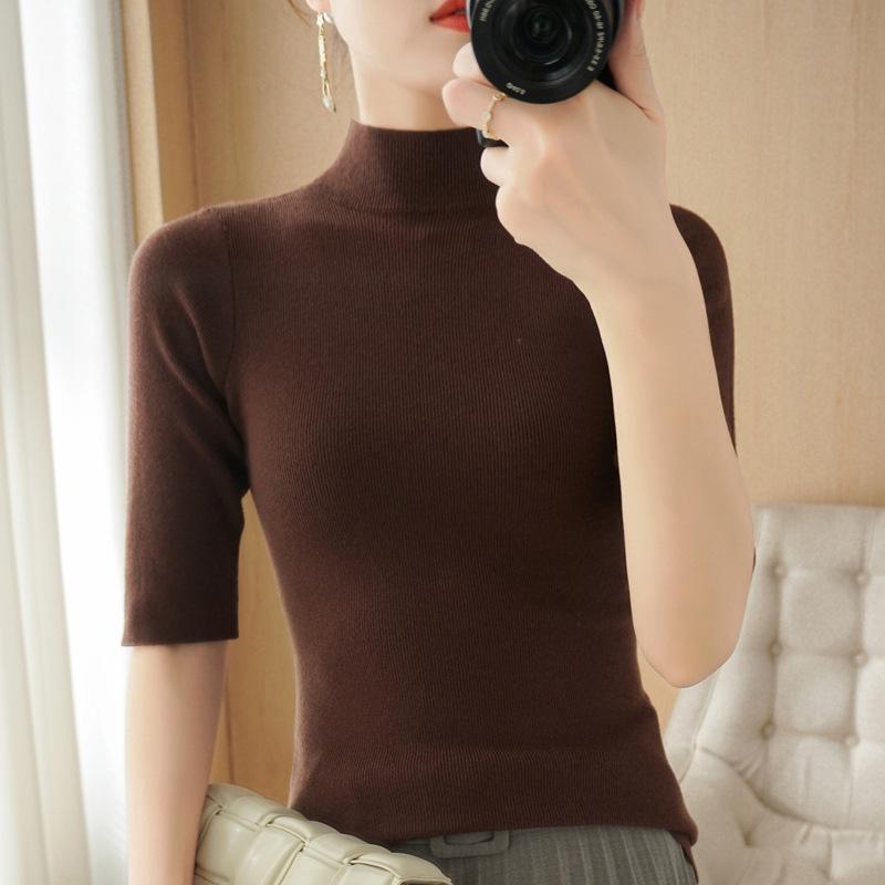 Women's Slim Fit Autumn Knit Sweater with Half High Neck & Mid-Sleeves