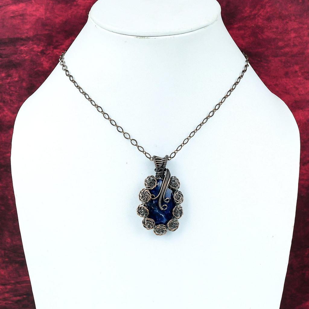 Sodalite Pendant Copper Wire Wrapped Pendant Handmade Gemstone Pendant Sodalite Copper Jewelry Birthstone Pendant For Gifts Flower Jewelry