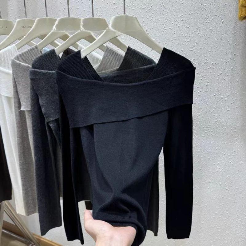 

One-word shoulder long-sleeved knitted bottoming shirt for women s early autumn inner wear atmosphere sweater, thin waist top One Size чёрный