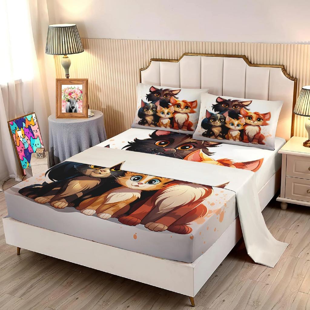 Cute cartoon cat family pattern mattress four-piece bedding set bedroom dormitory bedding set