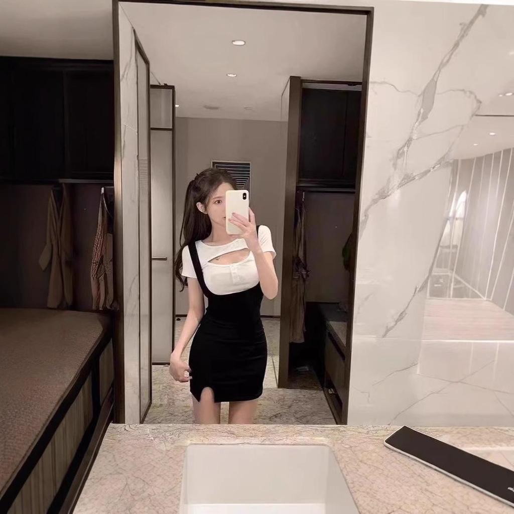 2025 Summer Bodycon Mini Skirt Set: Spicy Girl Sleeveless Camisole Dress & Short Sleeve T-shirt Fashion Two-Piece for Women