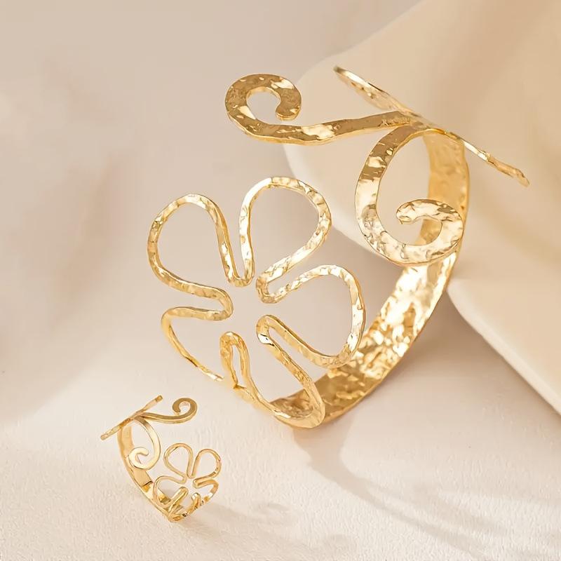 Metal Design Geometric Ladies Open Bracelet Ring Set Exaggerated Punk Temperament Jewelry