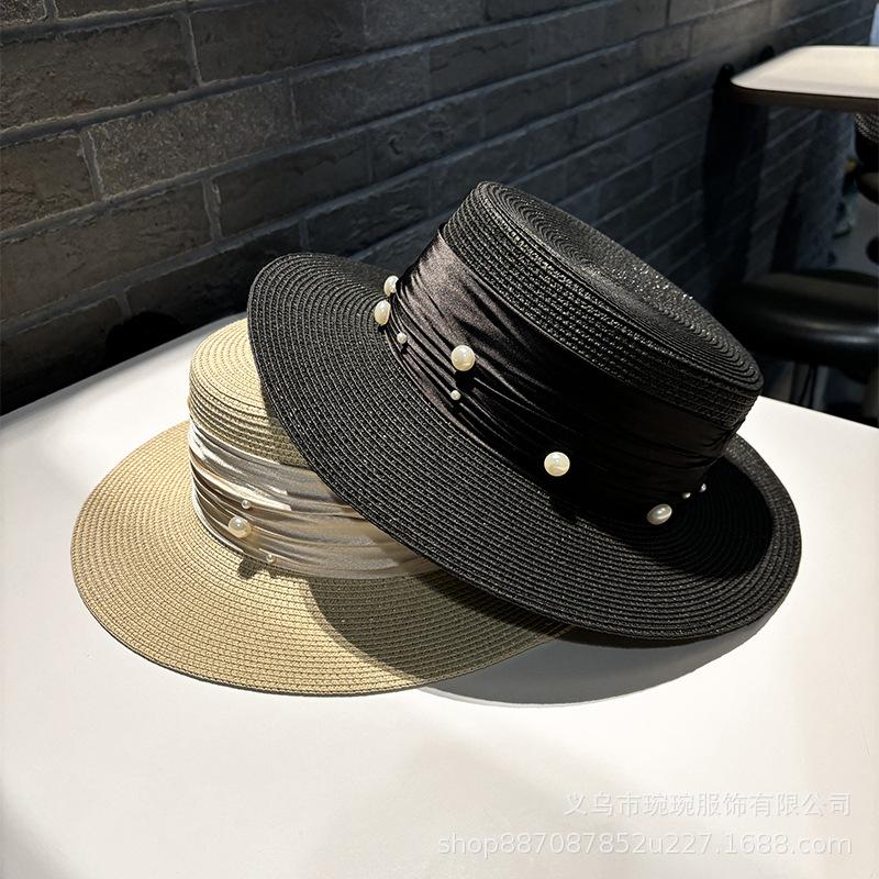 Sporadic pearls sweet small fresh flat top straw hat fashion top hat children spring and summer sun protection straw visor