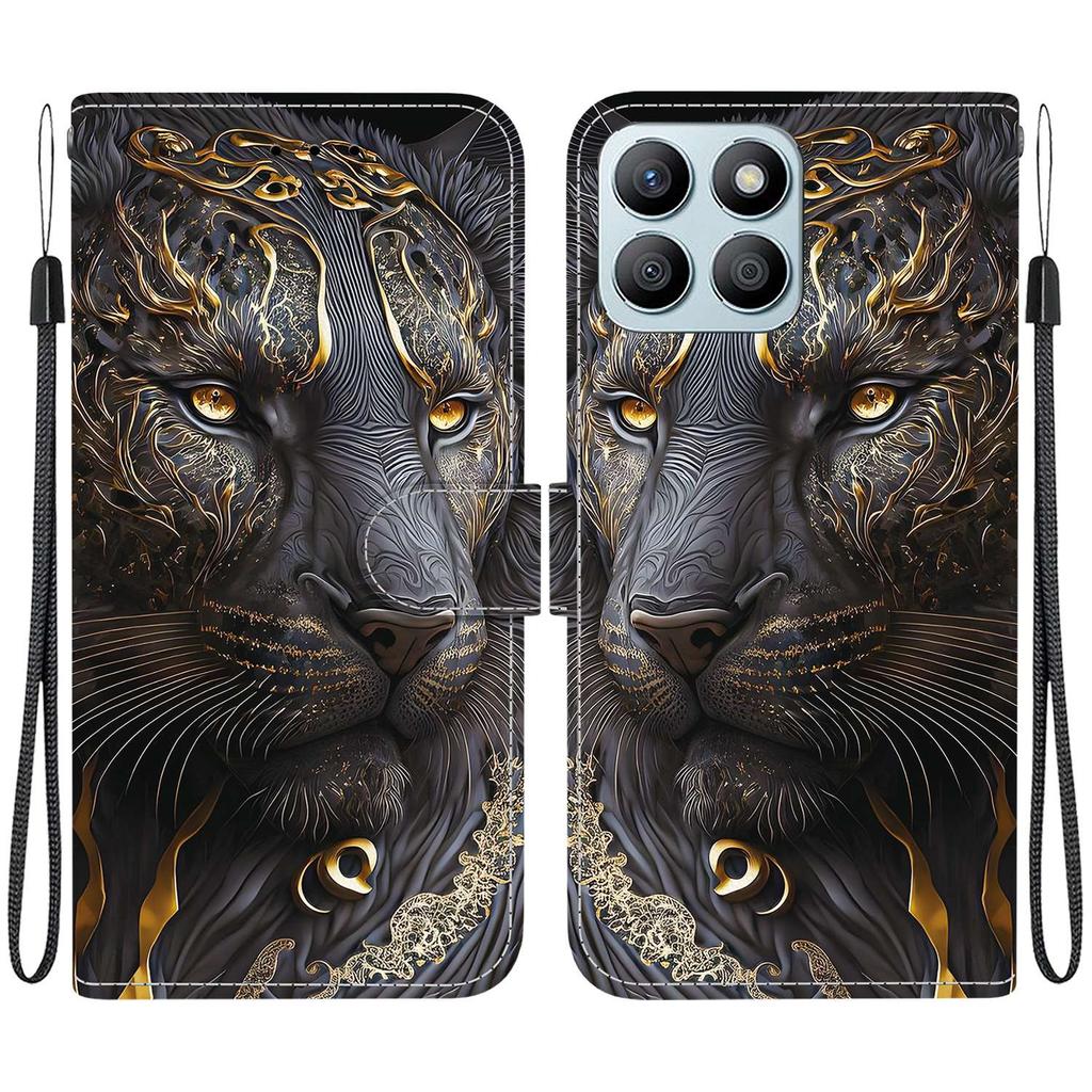 Handmade PU Leather Flip Case for Honor X8b Anti-Slip Shockproof Cover with Wrist Strap & Heart/Rose Cat Designs