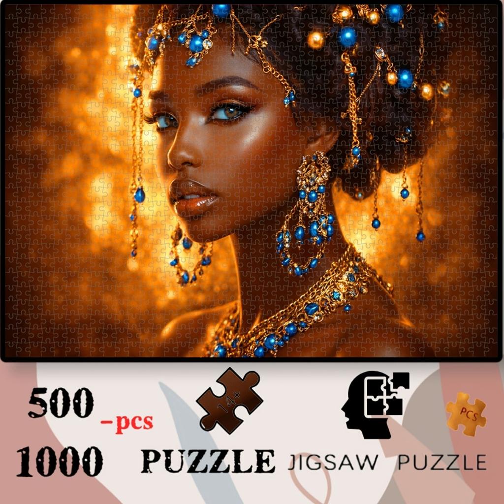 500pcs/1000pcs Golden Beaded Elegant Women'S Portrait Puzzle | Tight Fit, Clear Print, Ideal for Dining Tables, Coffee Tables, Picnics, Outdoors, Camp