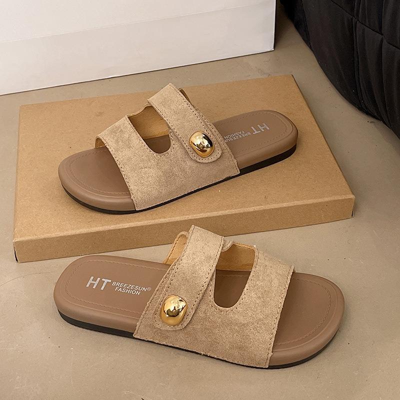 

Women s Suede Flat Slide Sandals with Gold Button Decor Casual Open Toe Slippers for Summer Daily Wear 35 хаки