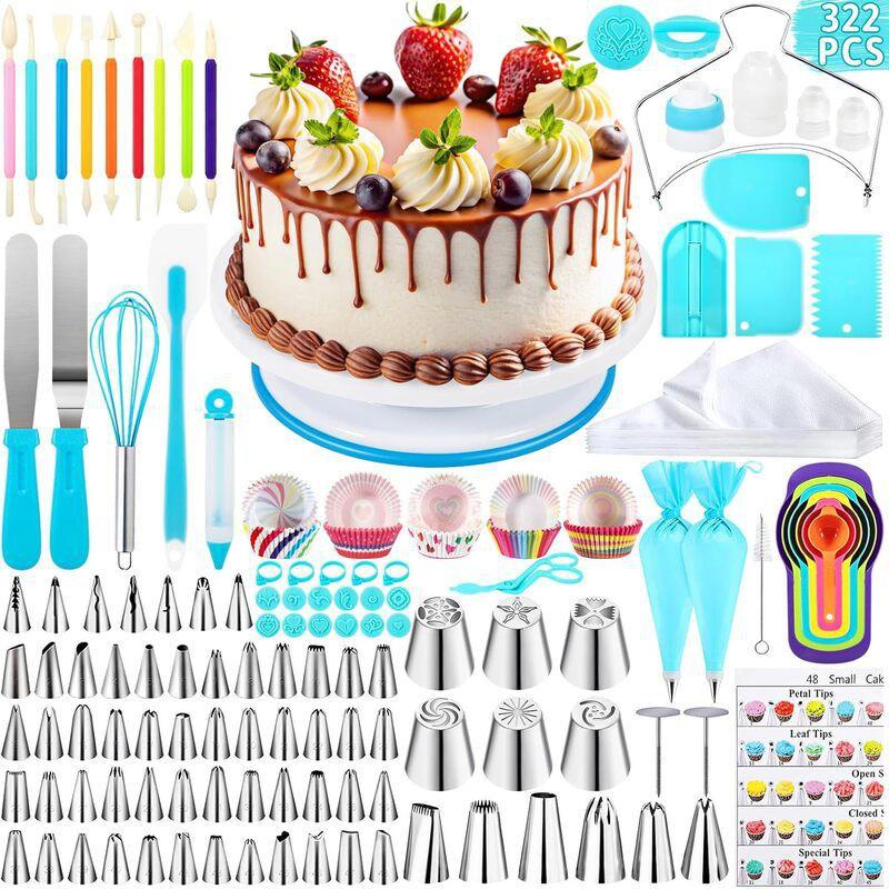 322-Piece 325-Piece Cake Decorating Kit With Turntable Piping Tips Disposable Bags Home Bakery
