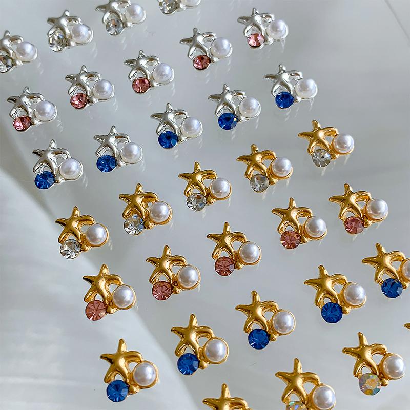 2Pcs 3D Exquisite Alloy Nail Art Charms Kawaii Starfish Pearl Design Nail Rhinestone Decorations Diy Accessories