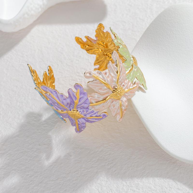 

Женский роскошный открытый браслет-манжета из 18-каратного золота с эмалью в виде цветка - Модный аксессуар из нержавеющей стали