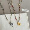 Minar Cartoon Colorful Natural Stone Pony Pendant Necklace Woven Rope Horse Collarbone Double Layers Metallic Chain Choker