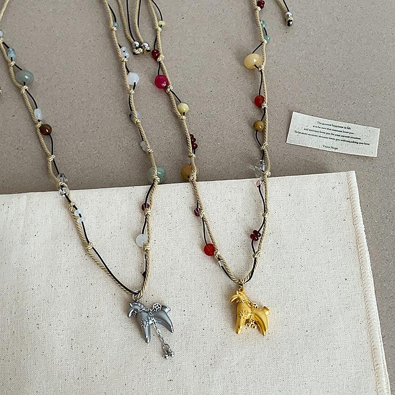 Minar Cartoon Colorful Natural Stone Pony Pendant Necklace Woven Rope Horse Collarbone Double Layers Metallic Chain Choker