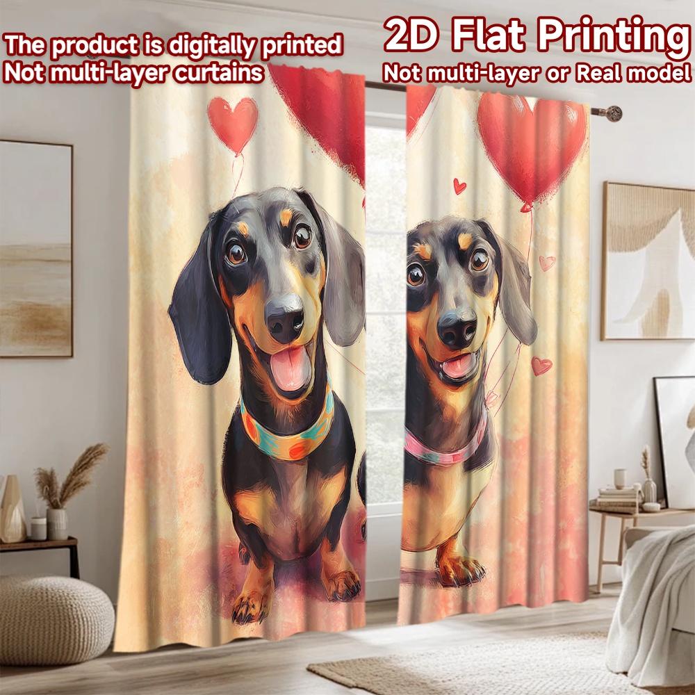 2D flat printing 2pcs Party Curtains Dachshund Dogs Heart Balloons Digital Printed Polyester Drapes Festive Holiday Use for New