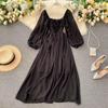 Vintage Square Collar Long Dress Woman Elastic Waist Evening Party Dresses Fashion Puff Sleeve Chiffon Dress Women Clothing 20263