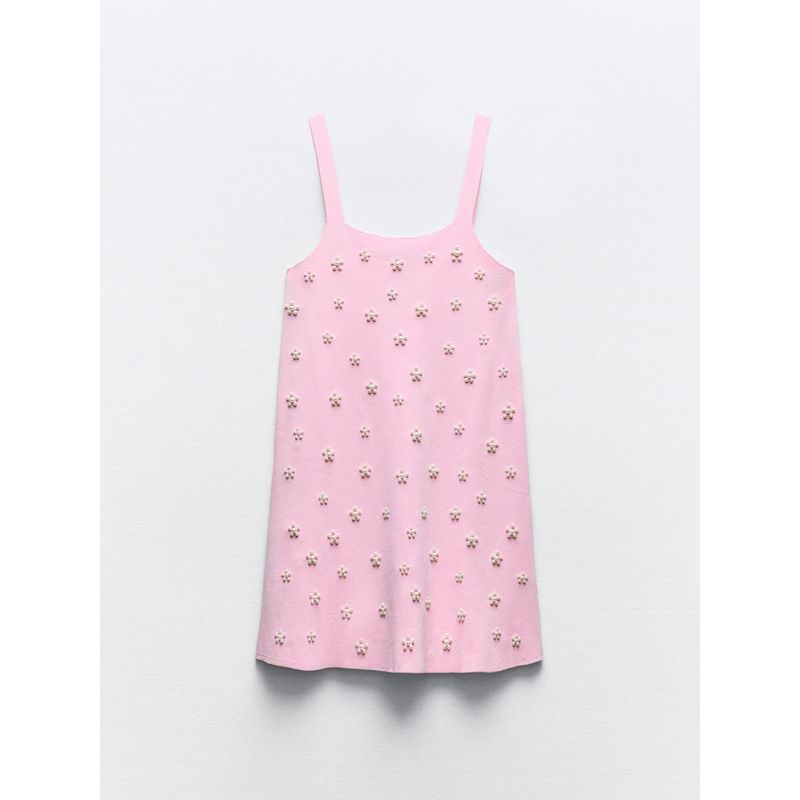 Za2024 Summer New Product Women's Clothes Sling Artificial Decorated Pearls Knitting Mini Dress 2142076 620