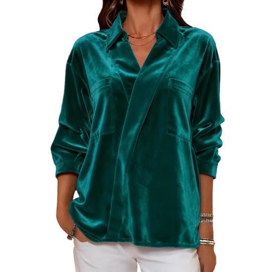 Damenhemd Revers Langarm Samttextur Einfarbig Pullover Tops Lockere Passform Pendler-Tops Arbeit Party Büro Freizeitkleidung