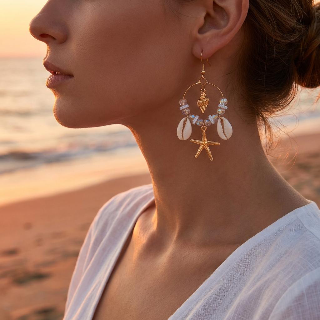 Tropical Fresh Drop Earrings For Women Starfish Shell Crystal Tassel Gold Tone Summer Beach Jewelry