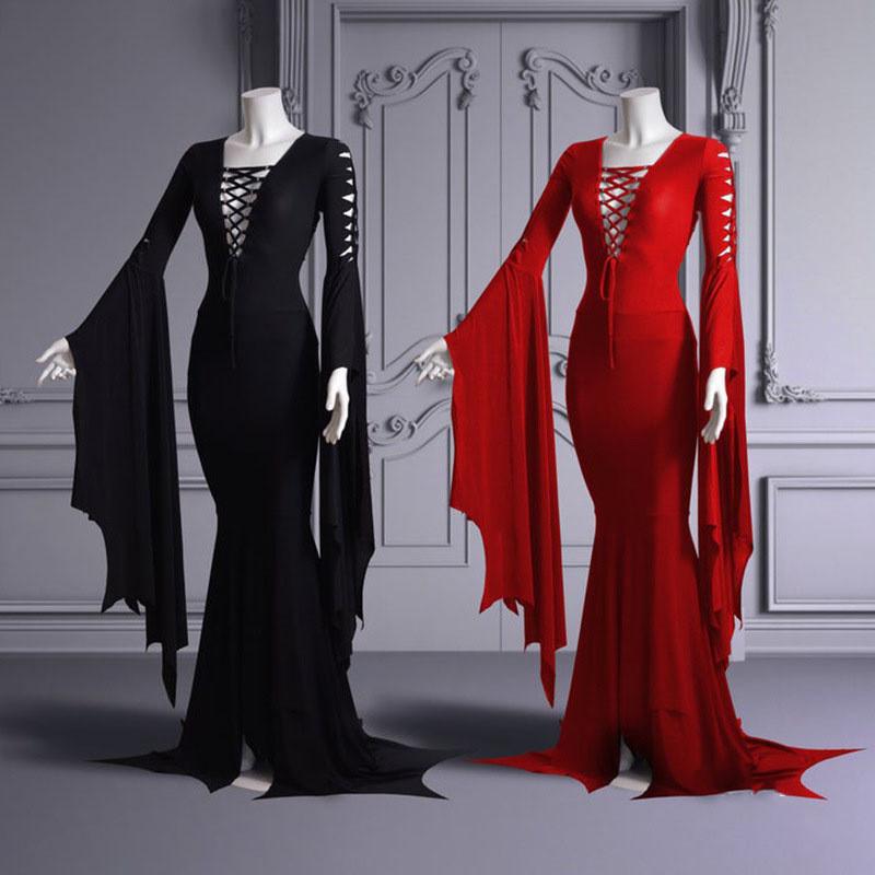 Trendy New Halloween Sexy V Neck Dress With Flare Sleeves Available In Red Black And Blue Sizes S To 5xl For A Chic Retro Look
