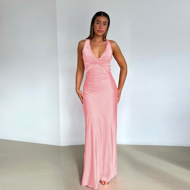 

Women s Satin Sleeveless V-Neck Twist Front A-Line Maxi Dress with Backless Detail L рожевий