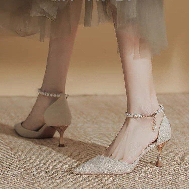 With Cheongsam, High Heels, Women's Summer Fine Heels, Champagne, Girlish Temperament, Pearl Pointed Head, with Hollow Bridesmaid Sandals.
