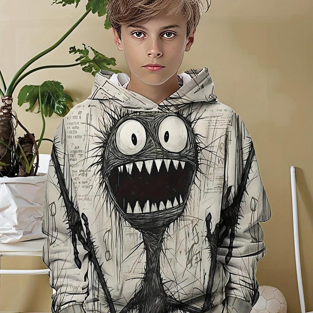 Boys' playful cartoon face hoodie - comfortable polyester blend, casual long sleeved pullover, unique digital print