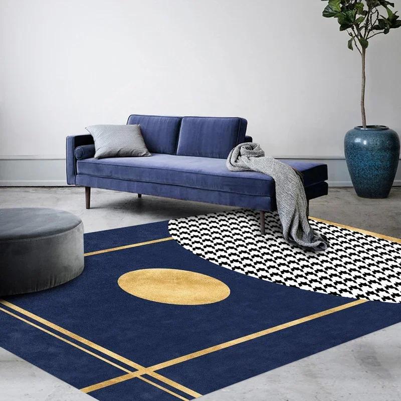Blue Yellow Striped Geometric Area Rug Nordic Elegant Art Living Room Carpet Soft Non-Slip Bedroom Floor Mat Creative Decor