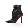 Women Red Pointed Toe High Heel Ankle Boots Metal Decoration Front Zipper Belt Buckle Fashion Short Boots For Autumn Winter