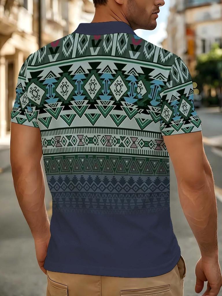 Men's Outdoor Short-Sleeve Polo Shirt with Vintage Pattern Print, Available In Multiple Sizes. Men's Lapel Polo, Slim Fit Top Suitable for Spring,